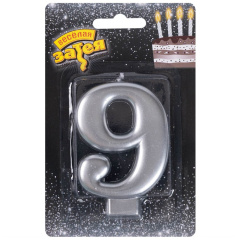 Свеча Цифра 9, Серебро, 8 см, 1 шт.