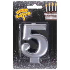 Свеча Цифра 5, Серебро, 8 см, 1 шт.
